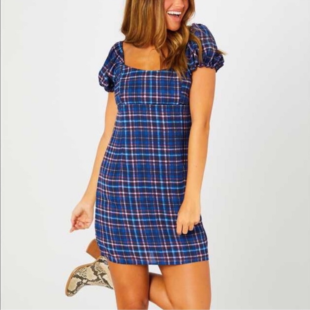 Altar’d State Blue Plaid Puff Sleeve Dress Size XS